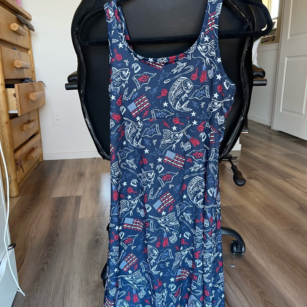 Navy Blue Sleeveless Dress with Red and White Patterns